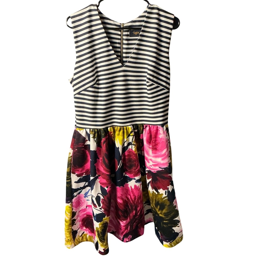 Just Taylor Striped Floral  Fit Flare Dress Womens 14 Black White Pink